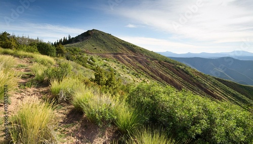 A mountain slope successfully restored with native grasses and shrubs, preventing landslides and fostering a sustainable environment.
