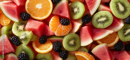 Close-up of a colorful fruit salad with watermelon, kiwi, oranges, and blackberries.