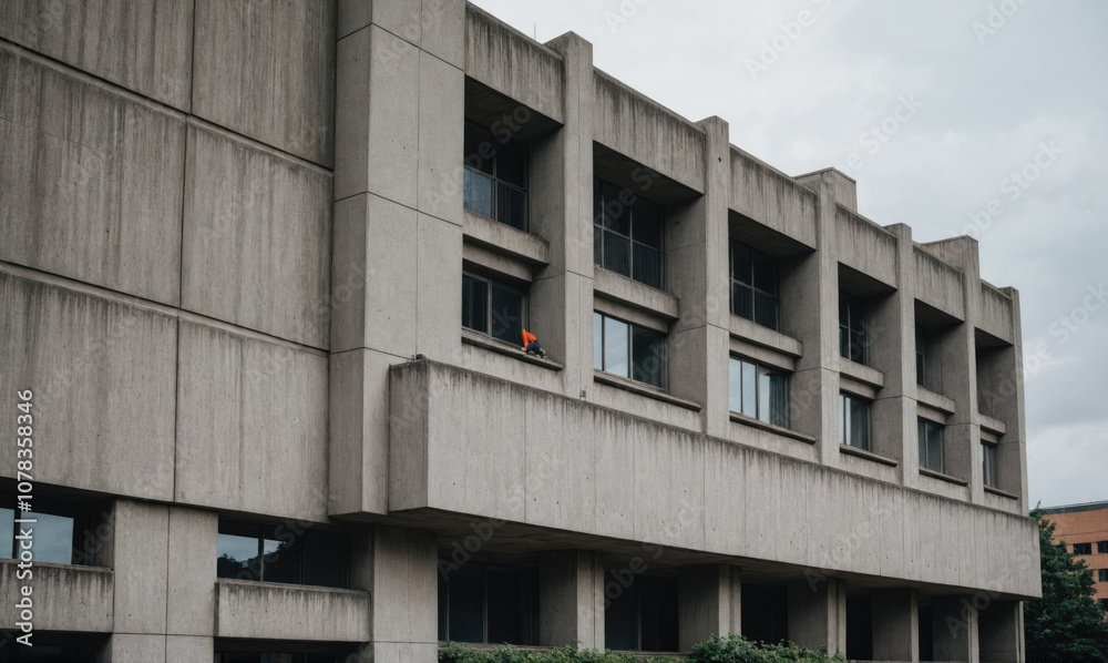 A concrete building with many windows in a city A concrete building with many windows in a city