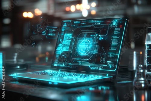 Advanced laptop with 3D digital circuit overlay, tech interface glowing in neon blue, data connections floating, cyber background