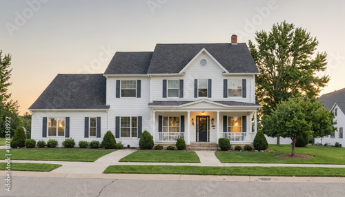 A white two-story house with a black roof sits on a quiet street in a suburban neighborhood