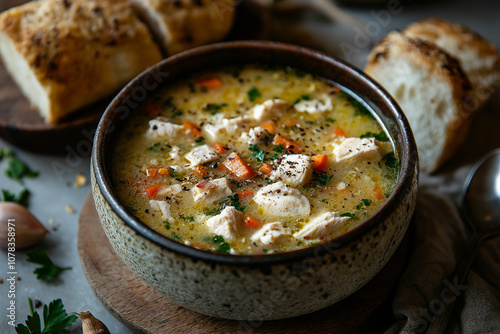 tasty and healthy estragon tarragon chicken ragout bowl, soup with vegetables, hot winter autumn stew