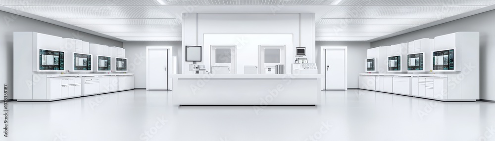Modern laboratory interior with advanced equipment and a clean, minimalist design. Modern laboratory interior with advanced equipment and a clean, minimalist design.