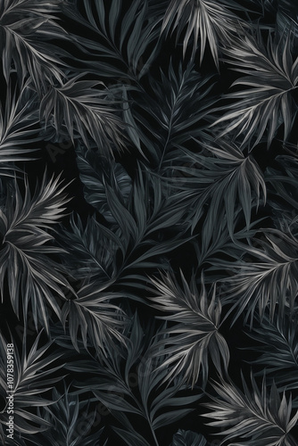 A black and white photo of a leafy plant with a dark background