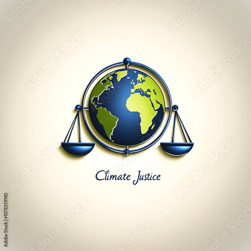 A graphic representing climate justice, featuring a globe balanced on scales, symbolizing fairness and equity in addressing environmental issues.