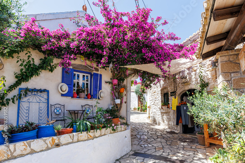 Alley decorated with flowers in the picturesque village of Afionas on the island of Corfu in Greece photo