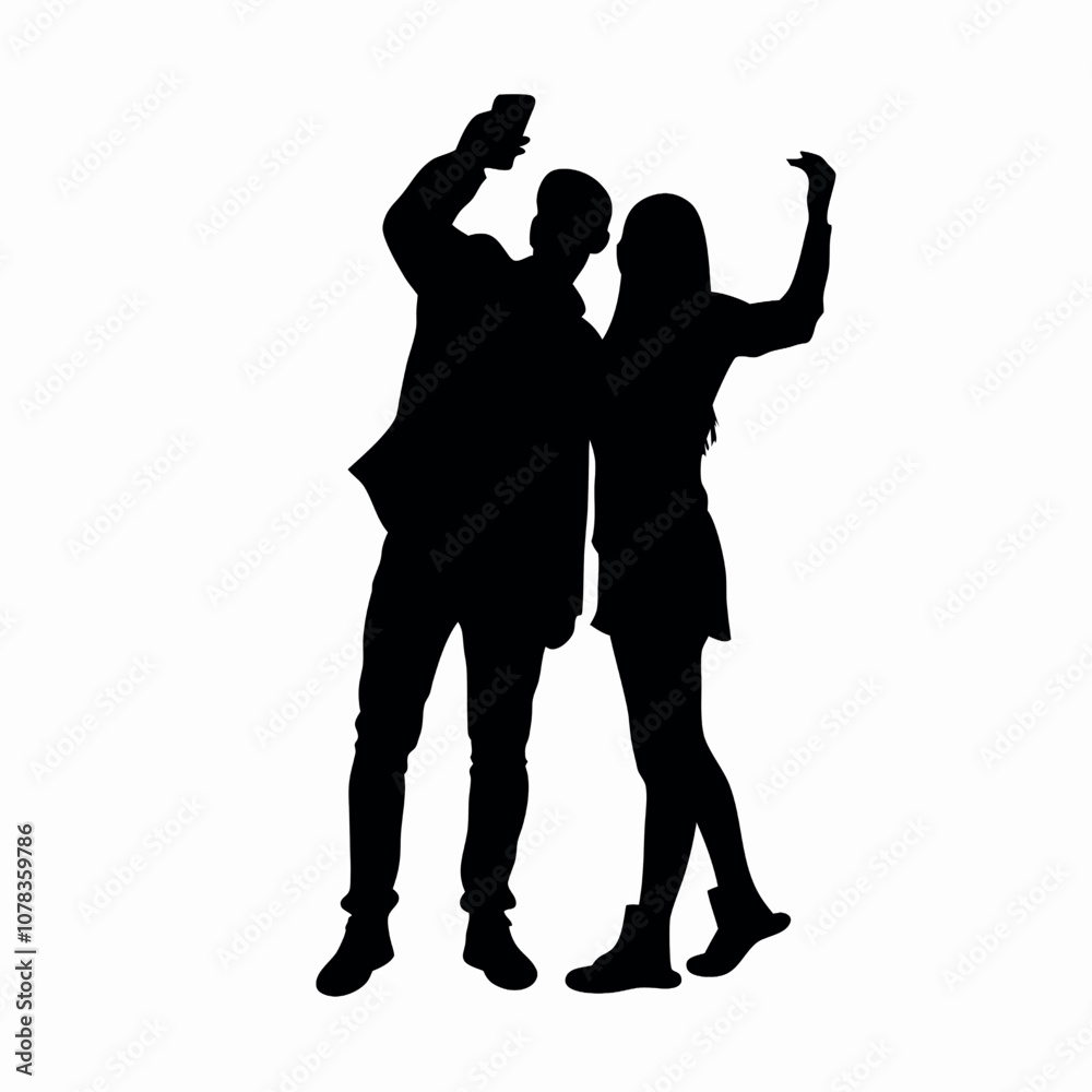 A couple standing side by side, with one person holding the phone for a selfie. The two are close together silhouette A couple standing side by side, with one person holding the phone for a selfie. The two are close together silhouette
