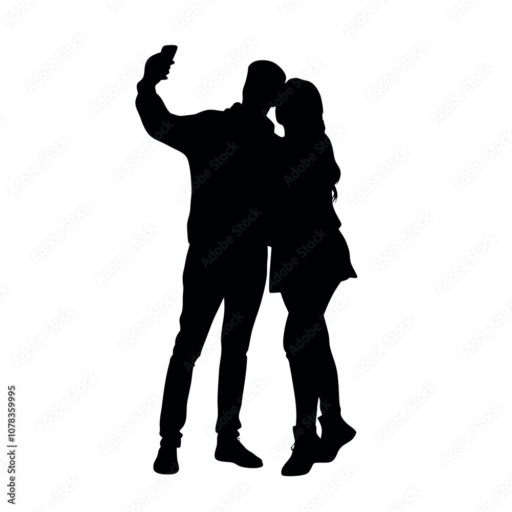 A couple standing side by side, with one person holding the phone for a selfie. The two are close together silhouette A couple standing side by side, with one person holding the phone for a selfie. The two are close together silhouette