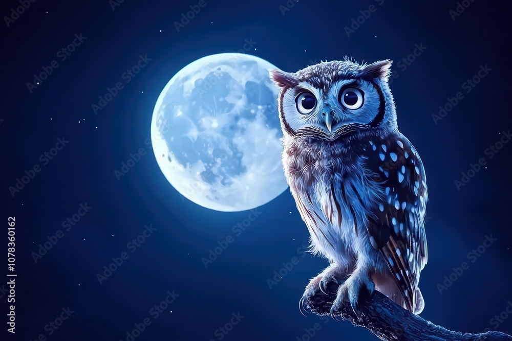 Owl perched on a branch under a full moon, showcasing its striking eyes and feathers in a night sky. Owl perched on a branch under a full moon, showcasing its striking eyes and feathers in a night sky.