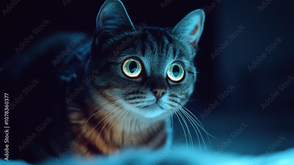 Close-up of a cat with glowing, bright eyes in the dark, gazing intently at the camera. Close-up of a cat with glowing, bright eyes in the dark, gazing intently at the camera.