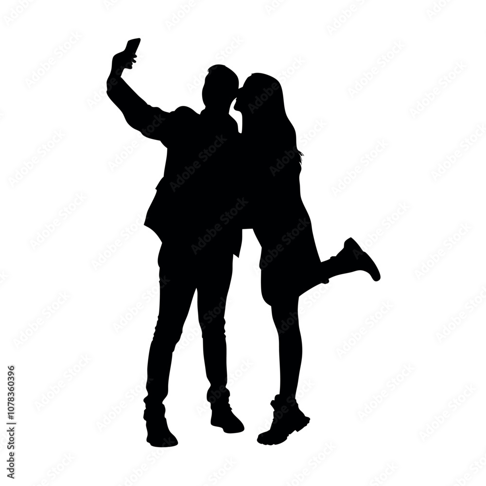 A couple standing side by side, with one person holding the phone for a selfie. The two are close together silhouette A couple standing side by side, with one person holding the phone for a selfie. The two are close together silhouette