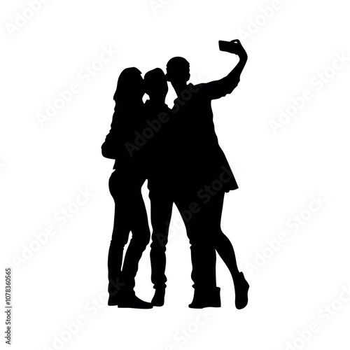 A couple standing side by side, with one person holding the phone for a selfie. The two are close together silhouette