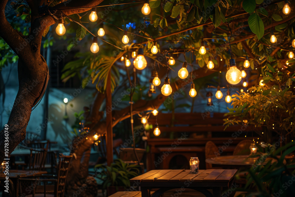 Naklejka premium View of stylish string lights hanging under the tables on trees in the garden in the evening, trendy decoration with bulbs for night summer party or rustic restaurant