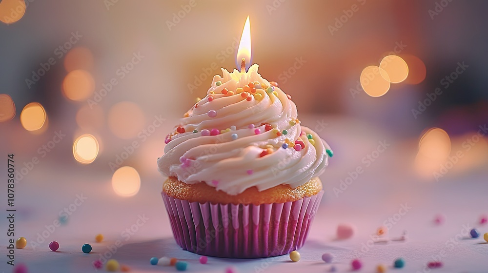 Close-up of a cupcake with swirled icing, colorful sprinkles, and a burning candle, isolated on a soft background. Close-up of a cupcake with swirled icing, colorful sprinkles, and a burning candle, isolated on a soft background.