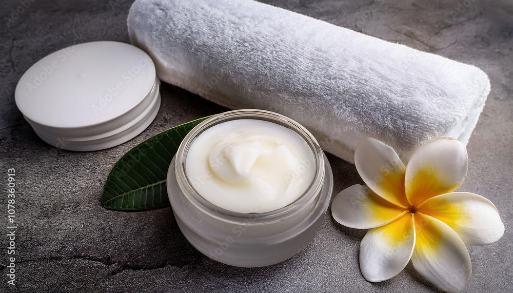 A skincare scene featuring an open jar of white cream, a rolled white towel, and a plumeria flower on a grey surface A skincare scene featuring an open jar of white cream, a rolled white towel, and a plumeria flower on a grey surface
