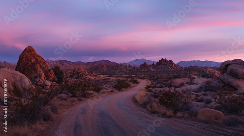 A winding dirt road leads through a desert landscape under a vibrant pink and purple sunset.