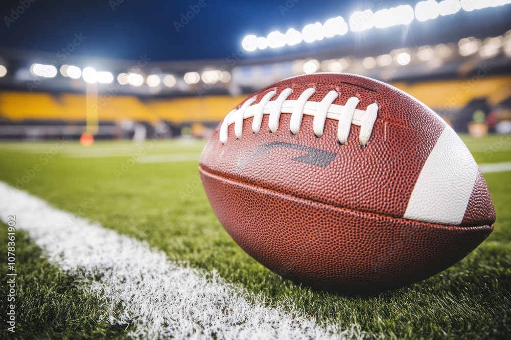 Obraz premium A brown and white American football rests on the white line of a green grass field with a stadium in the background.