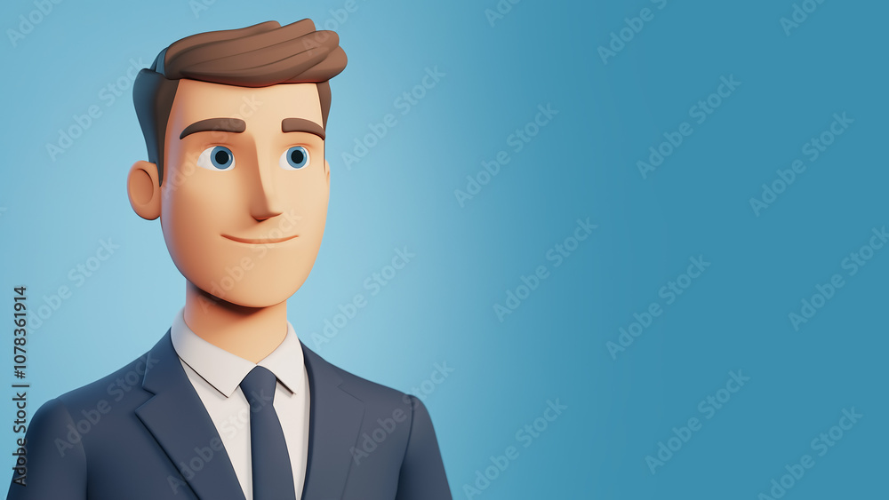 Teacher, 3D icon illustration, smiling, blue suit, tie, white shirt, isolated on blue background, design concept and education material. Copy space, aspect ratio 16:9 Teacher, 3D icon illustration, smiling, blue suit, tie, white shirt, isolated on blue background, design concept and education material. Copy space, aspect ratio 16:9