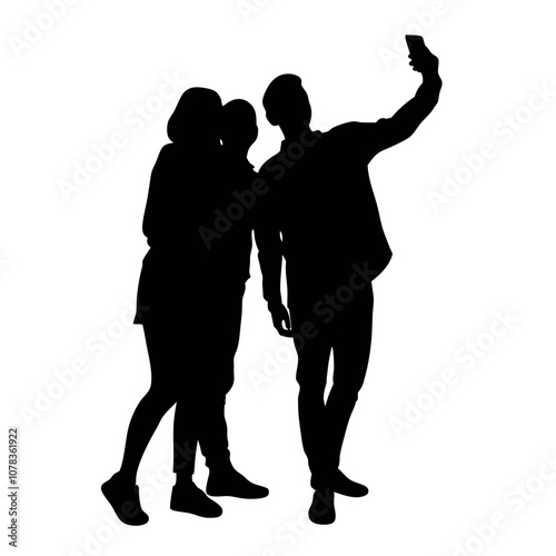 A couple standing side by side, with one person holding the phone for a selfie. The two are close together silhouette