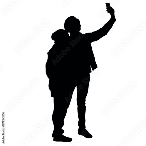 A couple standing side by side, with one person holding the phone for a selfie. The two are close together silhouette