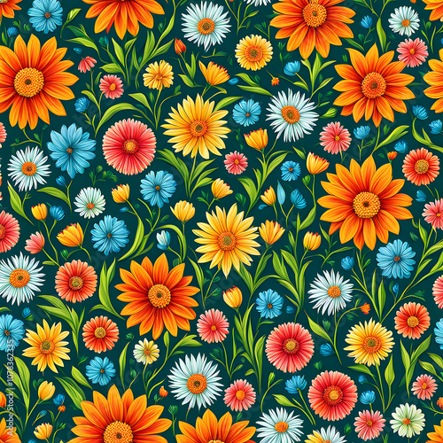 floral seamless background, cartoon colorful flowers for wallpapers