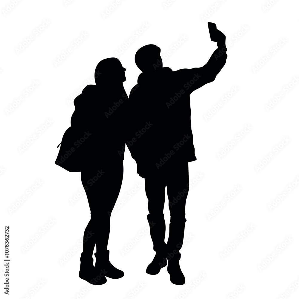 A couple standing side by side, with one person holding the phone for a selfie. The two are close together silhouette A couple standing side by side, with one person holding the phone for a selfie. The two are close together silhouette