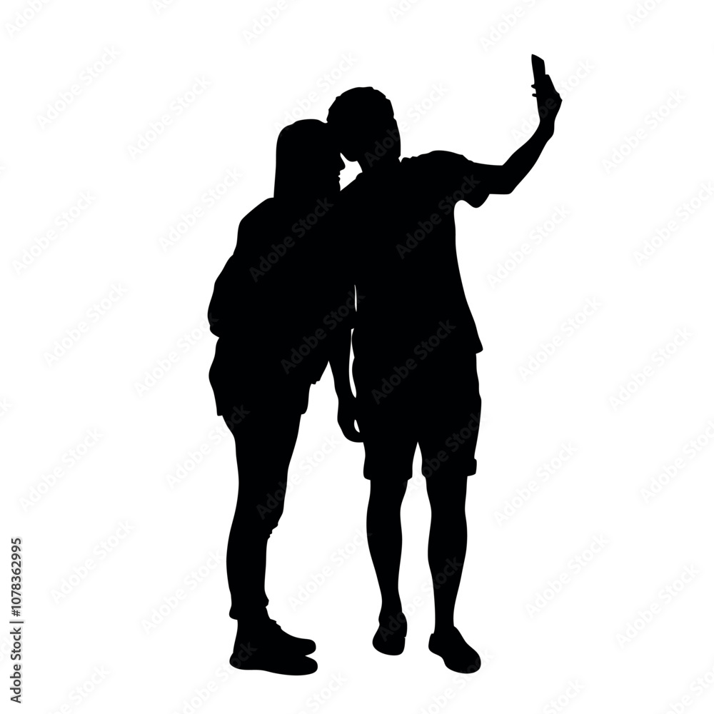 A couple standing side by side, with one person holding the phone for a selfie. The two are close together silhouette A couple standing side by side, with one person holding the phone for a selfie. The two are close together silhouette