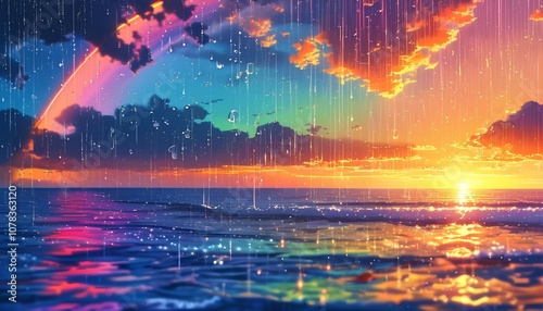 Vibrant rainbow over dramatic clouds at sunset