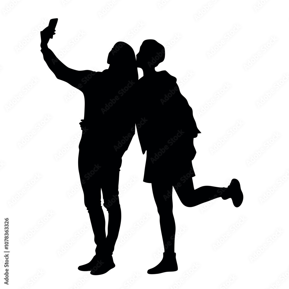 A couple standing side by side, with one person holding the phone for a selfie. The two are close together silhouette A couple standing side by side, with one person holding the phone for a selfie. The two are close together silhouette