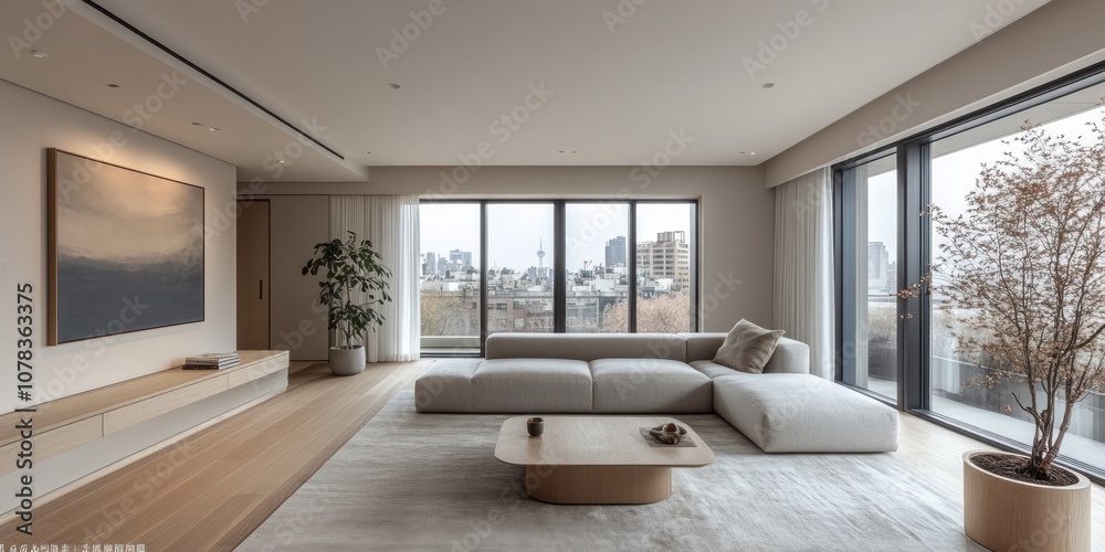 Modern living room with large windows, a white sofa, and a wood coffee table.