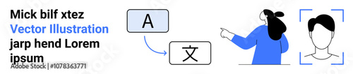 Woman pointing at language translation symbols with an avatar beside her. Ideal for language learning, translation services, educational platforms, tech tutorials, digital content, remote learning