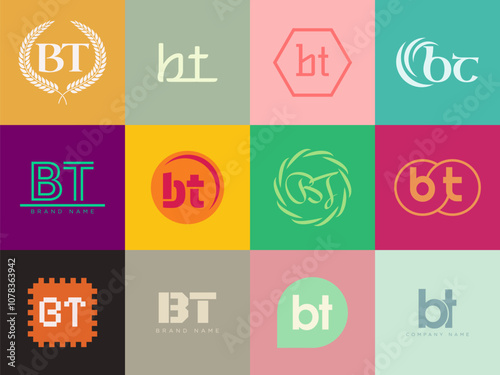 BT logo company template. Letter b and t logotype. Set different classic serif lettering and modern bold text with design elements. Initial font typography.