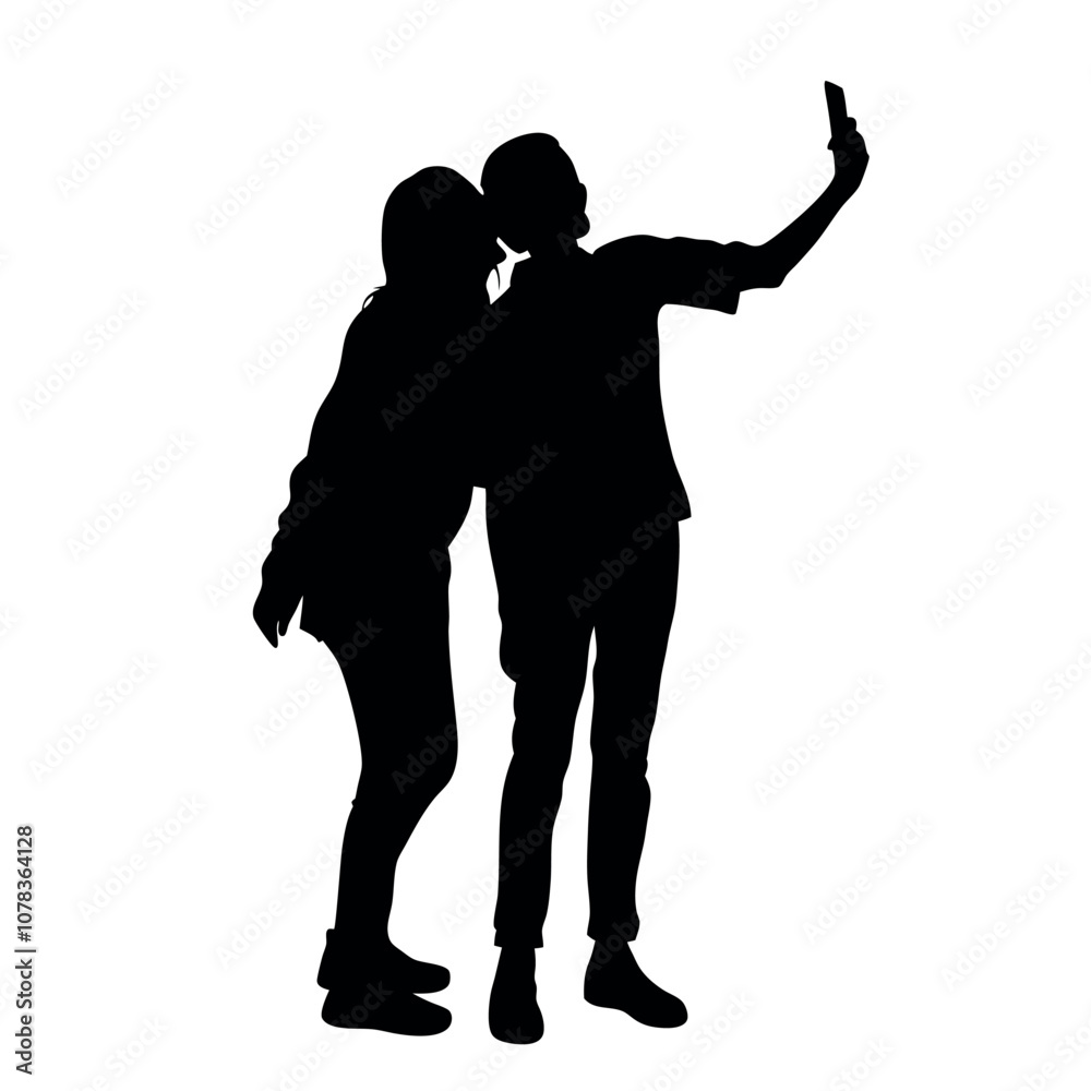 A couple standing side by side, with one person holding the phone for a selfie. The two are close together silhouette A couple standing side by side, with one person holding the phone for a selfie. The two are close together silhouette