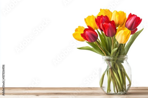 Vibrant tulips in red and yellow hues displayed in a glass vase on a wooden table, isolated on a white background.