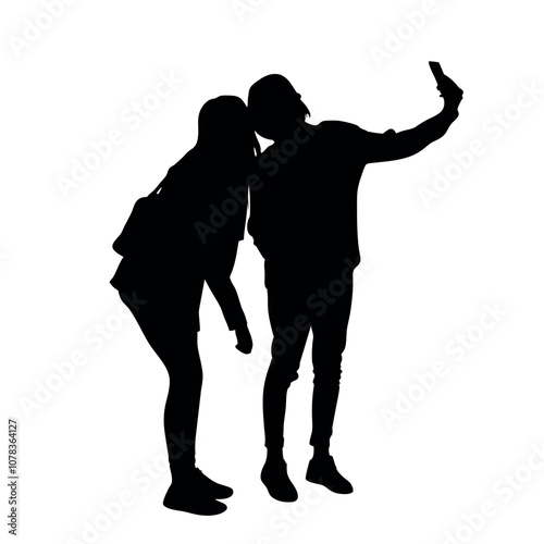 A couple standing side by side, with one person holding the phone for a selfie. The two are close together silhouette