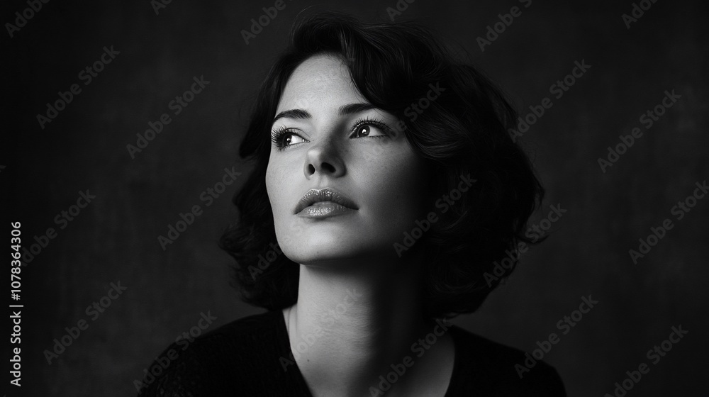 Portrait of a young woman with short dark hair looking up. Portrait of a young woman with short dark hair looking up.