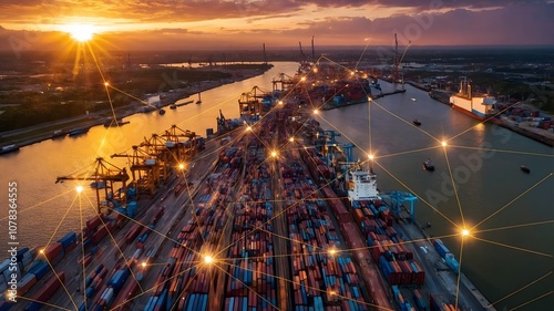 International logistics and supply chain illustration showing cross-border connections and trade routes with containers at port