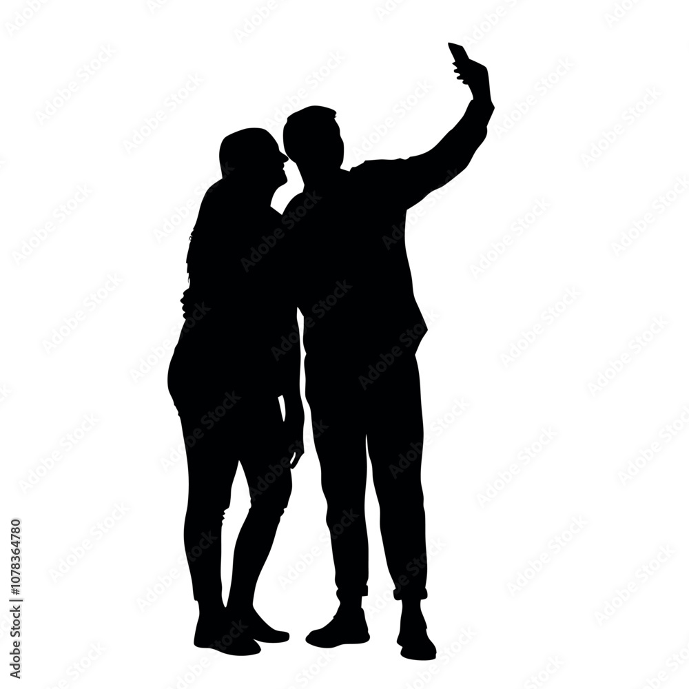 A couple standing side by side, with one person holding the phone for a selfie. The two are close together silhouette A couple standing side by side, with one person holding the phone for a selfie. The two are close together silhouette