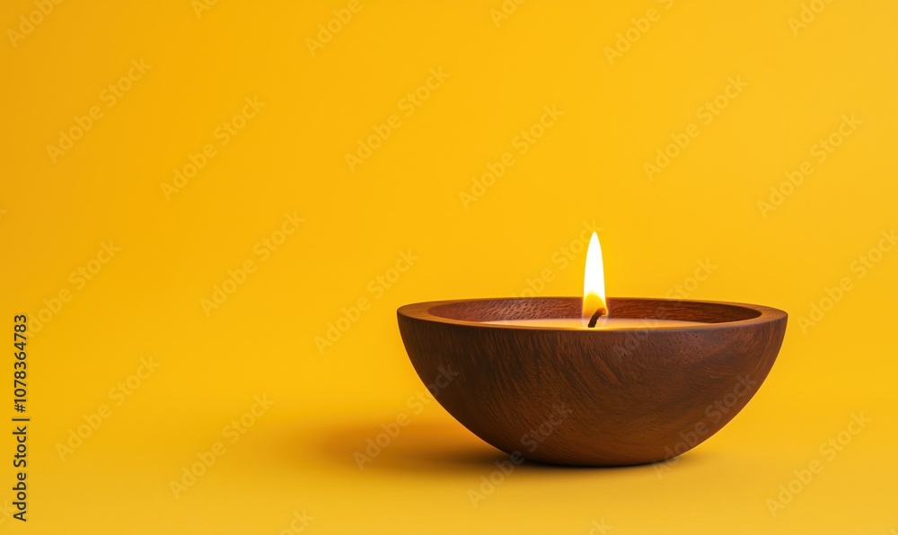 Candle in wooden bowl, warm glow, vibrant yellow background Candle in wooden bowl, warm glow, vibrant yellow background