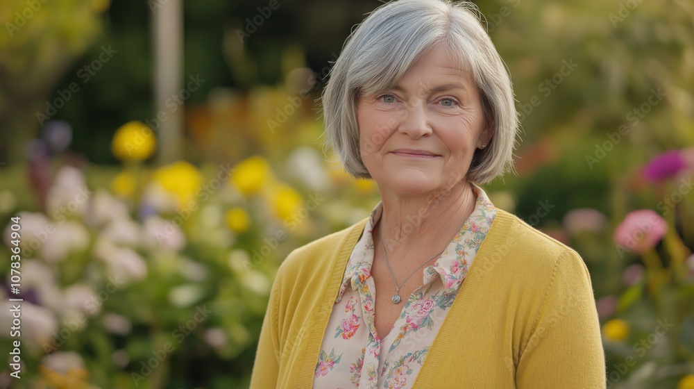 Senior female politician with silver hair in outdoor garden setting for political campaign imagery Senior female politician with silver hair in outdoor garden setting for political campaign imagery
