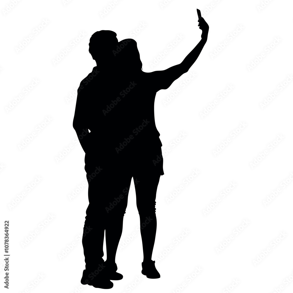 A couple standing side by side, with one person holding the phone for a selfie. The two are close together silhouette A couple standing side by side, with one person holding the phone for a selfie. The two are close together silhouette