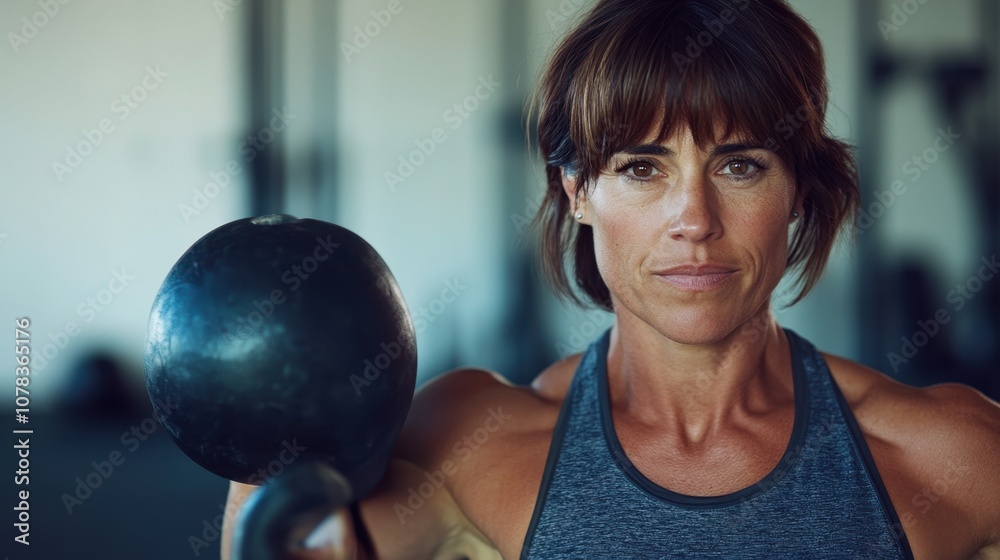 Woman lifting kettlebell middle-aged Hispanic woman with short brown hair bright gym clean background copy space Woman lifting kettlebell middle-aged Hispanic woman with short brown hair bright gym clean background copy space