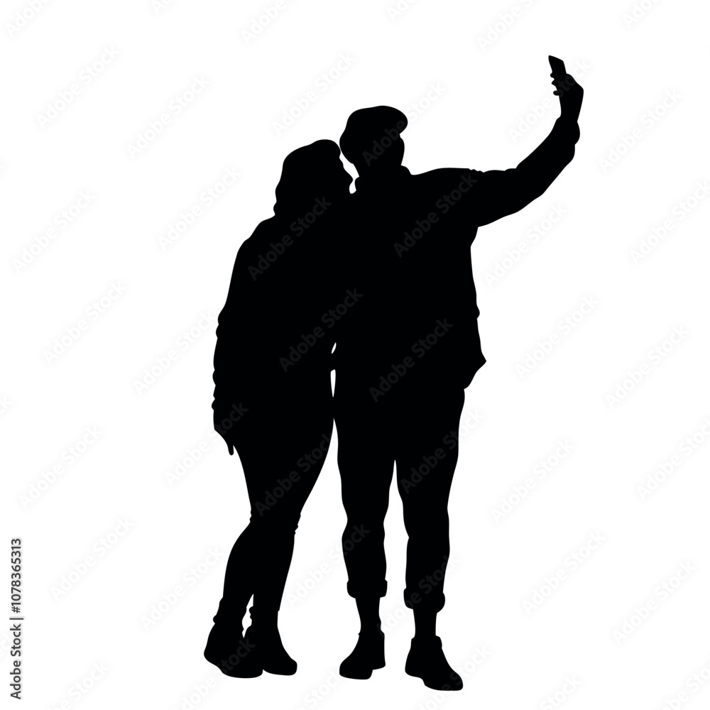 A couple standing side by side, with one person holding the phone for a selfie. The two are close together silhouette A couple standing side by side, with one person holding the phone for a selfie. The two are close together silhouette