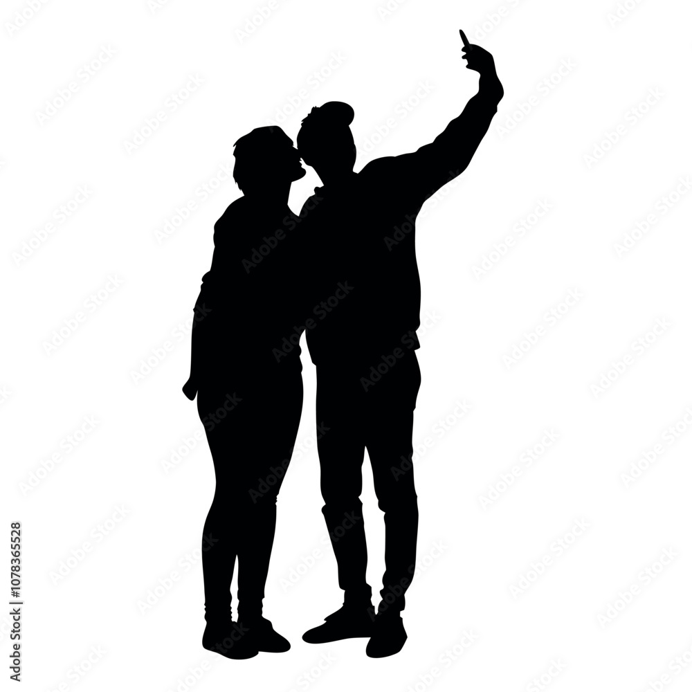 A couple standing side by side, with one person holding the phone for a selfie. The two are close together silhouette
