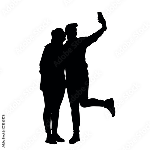 A couple standing side by side, with one person holding the phone for a selfie. The two are close together silhouette