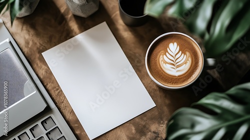 Top view of a blank white A4 paper on a wooden desk with a coffee mug and a laptop. This is a mockup template for a design 