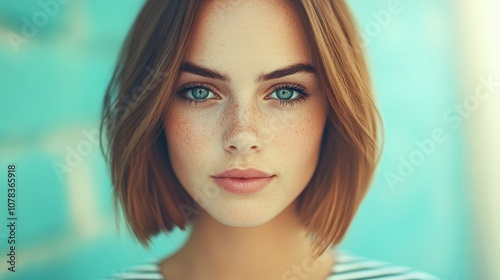 Captivating Gaze: A young woman with shoulder-length auburn hair and striking blue eyes stares directly at the camera, her freckles adding to her natural beauty.