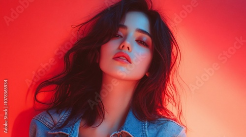 Young woman with long dark hair, looking intensely at the camera, lit in a vibrant red and blue light.