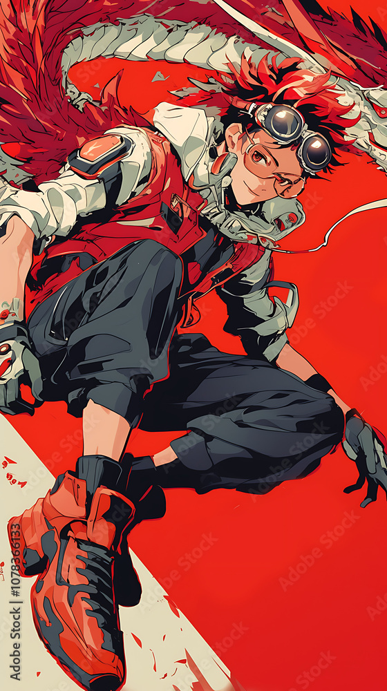 Fototapeta premium cyberpunk anime character cool uniform with simple dragon background