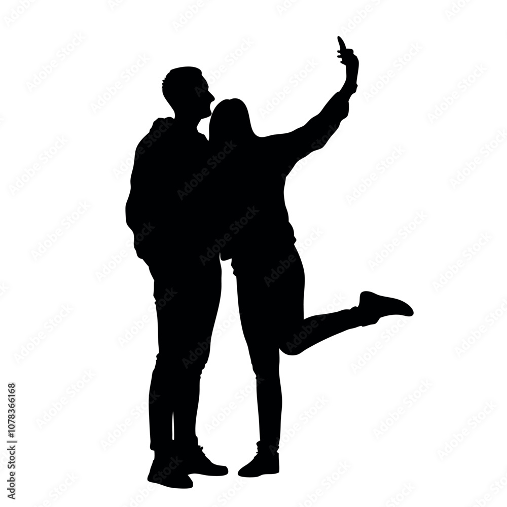 A couple standing side by side, with one person holding the phone for a selfie. The two are close together silhouette A couple standing side by side, with one person holding the phone for a selfie. The two are close together silhouette